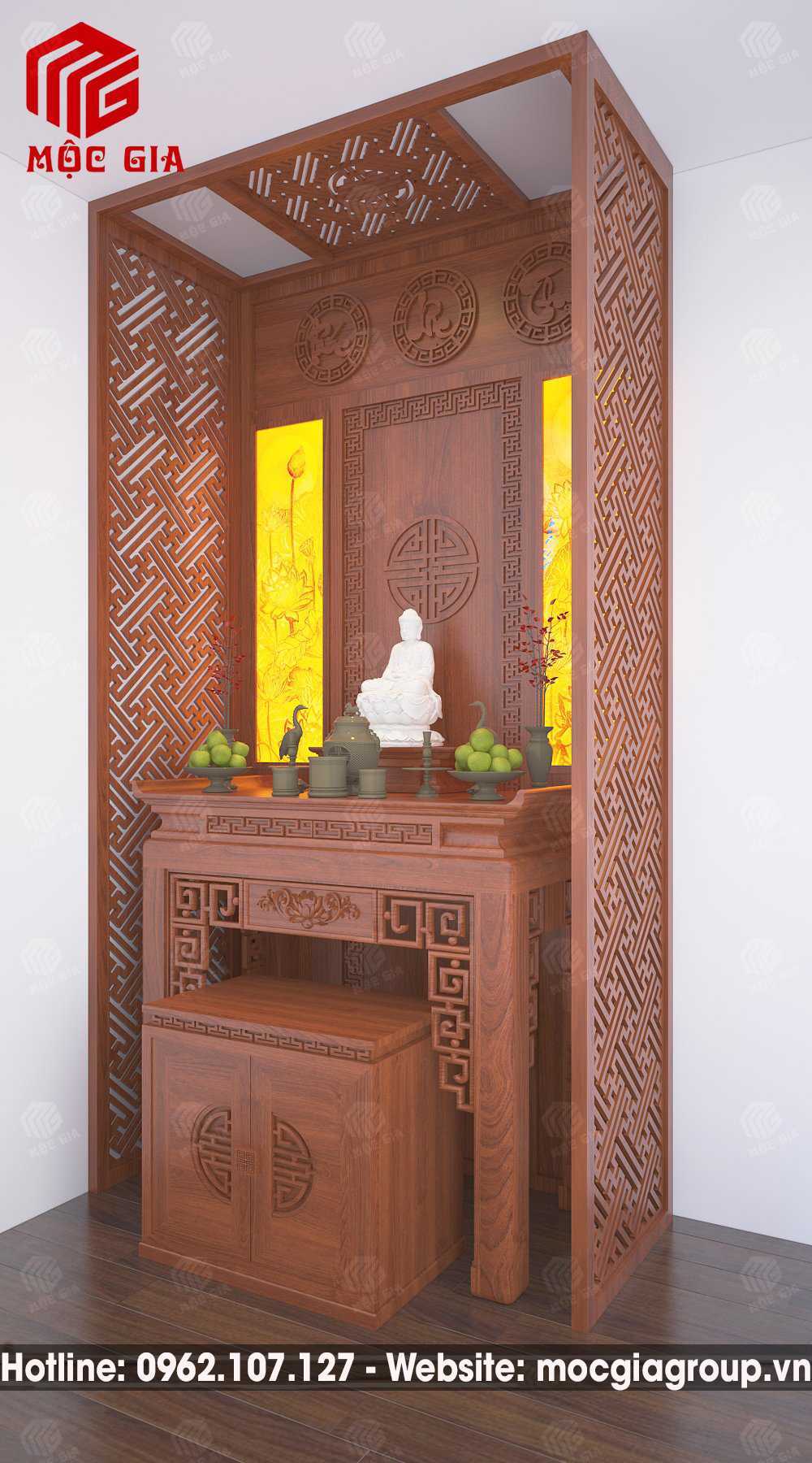 Vách ngăn phòng thờ bằng gỗ Vách ngăn phòng phòng thờ với phòng khách bằng gỗ là sản phẩm được làm từ gỗ tự nhiên mang lại ưu điểm nổi bật là an toàn với sức khỏe con người và thân thiện với môi trường. Ngoài ra, vách ngăn bàn thờ bằng gỗ còn mang đến mùi thơm dịu nhẹ, sảng khoái cho người sử dụng. Đồng thời tăng tính thẩm mỹ, hiện đại cho phòng thờ và phòng khách mà không làm ảnh hưởng đến sự tôn nghiêm, linh thiêng của nơi thờ tự. Hơn nữa, độ bền của mẫu vách ngăn bàn thờ đẹp bằng gỗ cũng rất vượt trội với tuổi thọ trung bình lên đến 20 năm. Nhờ vậy, khách hàng có thể tiết kiệm tối đa chi phí cho việc bảo vệ sự tôn nghiêm cho phòng thờ và mang lại tính mỹ quan cho không gian căn nhà.