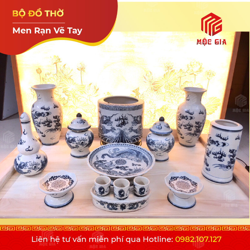 Bộ Đồ Thờ Men Rạn Vẽ Tay - VT 09