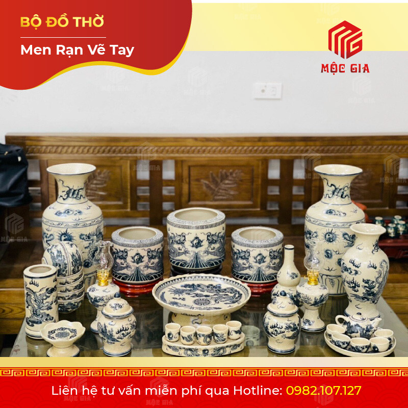 Bộ Đồ Thờ Men Rạn Vẽ Tay - VT03
