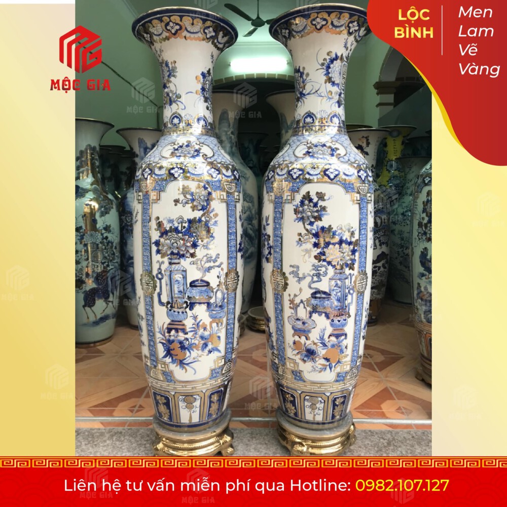 Lộc Bình Men Lam Vẽ Vàng - MLVV48