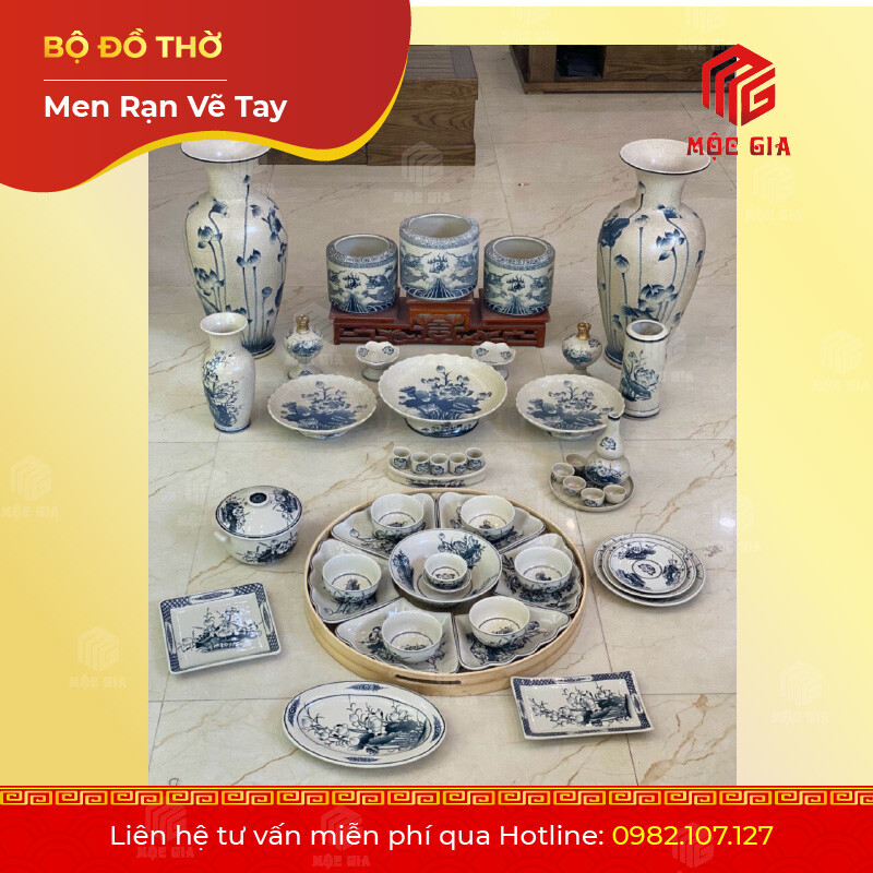 Bộ Đồ Thờ Men Rạn Vẽ Tay - VT 11