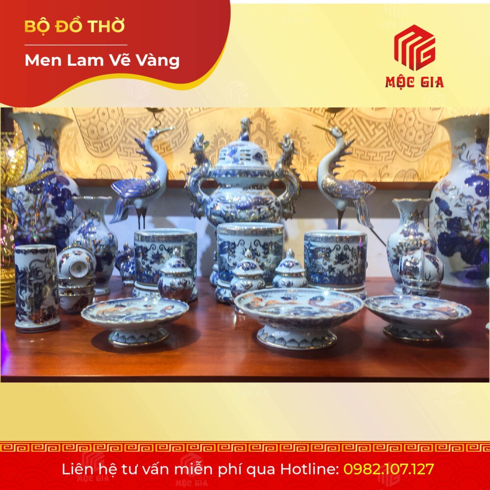 Bộ Đồ Thờ Men Lam Vẽ Vàng - MLV 17