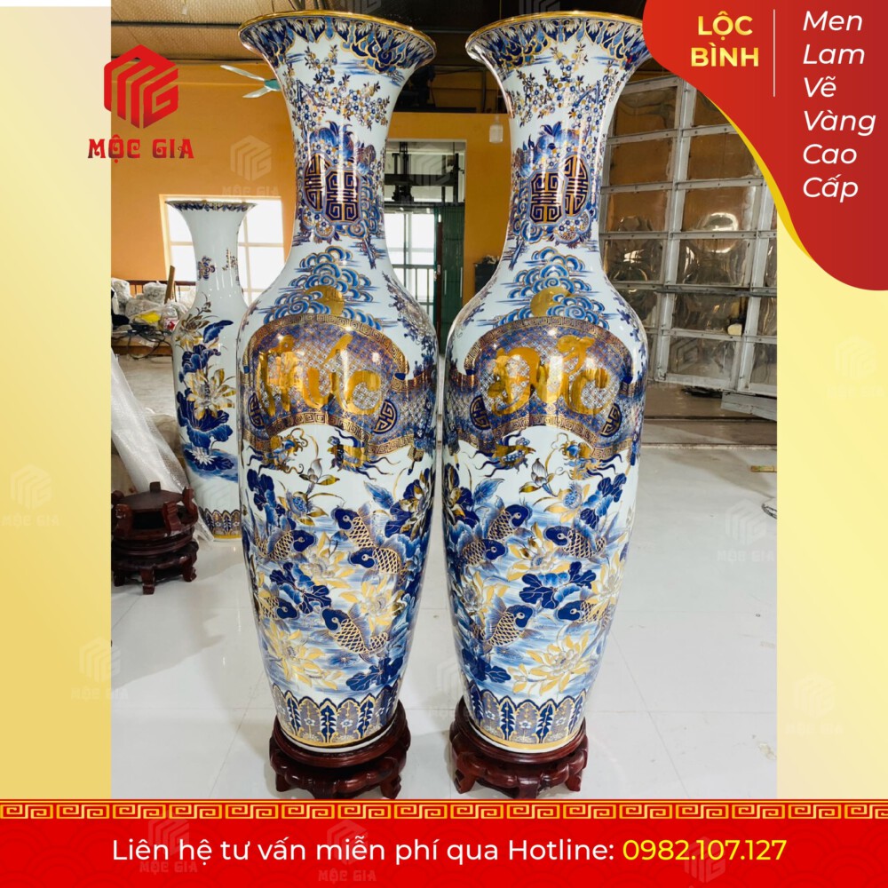 Lộc Bình Men Lam Vẽ Vàng Cao Cấp - MLVV19