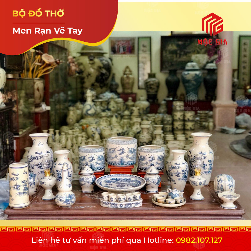 Bộ Đồ Thờ Men Rạn Vẽ Tay - VT04