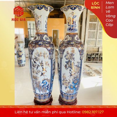 Lộc Bình Men Lam Vẽ Vàng Cao Cấp - MLVV20