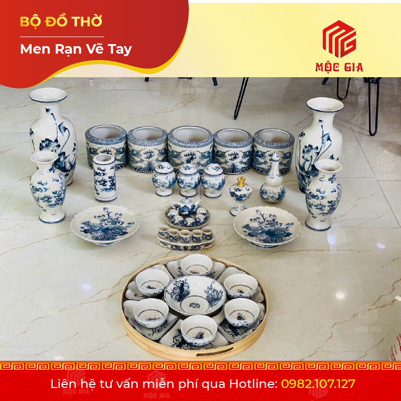 Bộ Đồ Thờ Men Rạn Vẽ Tay - VT 06
