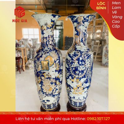 Lộc Bình Men Lam Vẽ Vàng Cao Cấp - MLVV21
