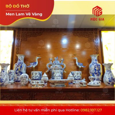 Bộ Đồ Thờ Men Lam Vẽ Vàng - MLV 18