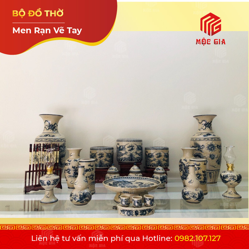 Bộ Đồ Thờ Men Rạn Vẽ Tay - VT 05