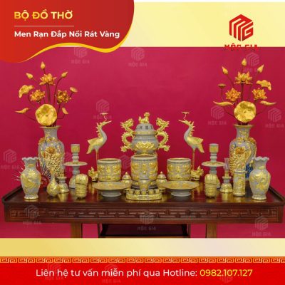 Bộ Đồ Thờ Rạn Đắp Nổi Rát Vàng - RV01