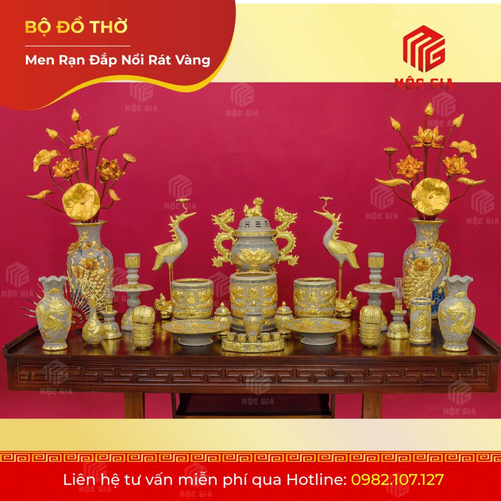 Bộ Đồ Thờ Rạn Đắp Nổi Rát Vàng - RV01