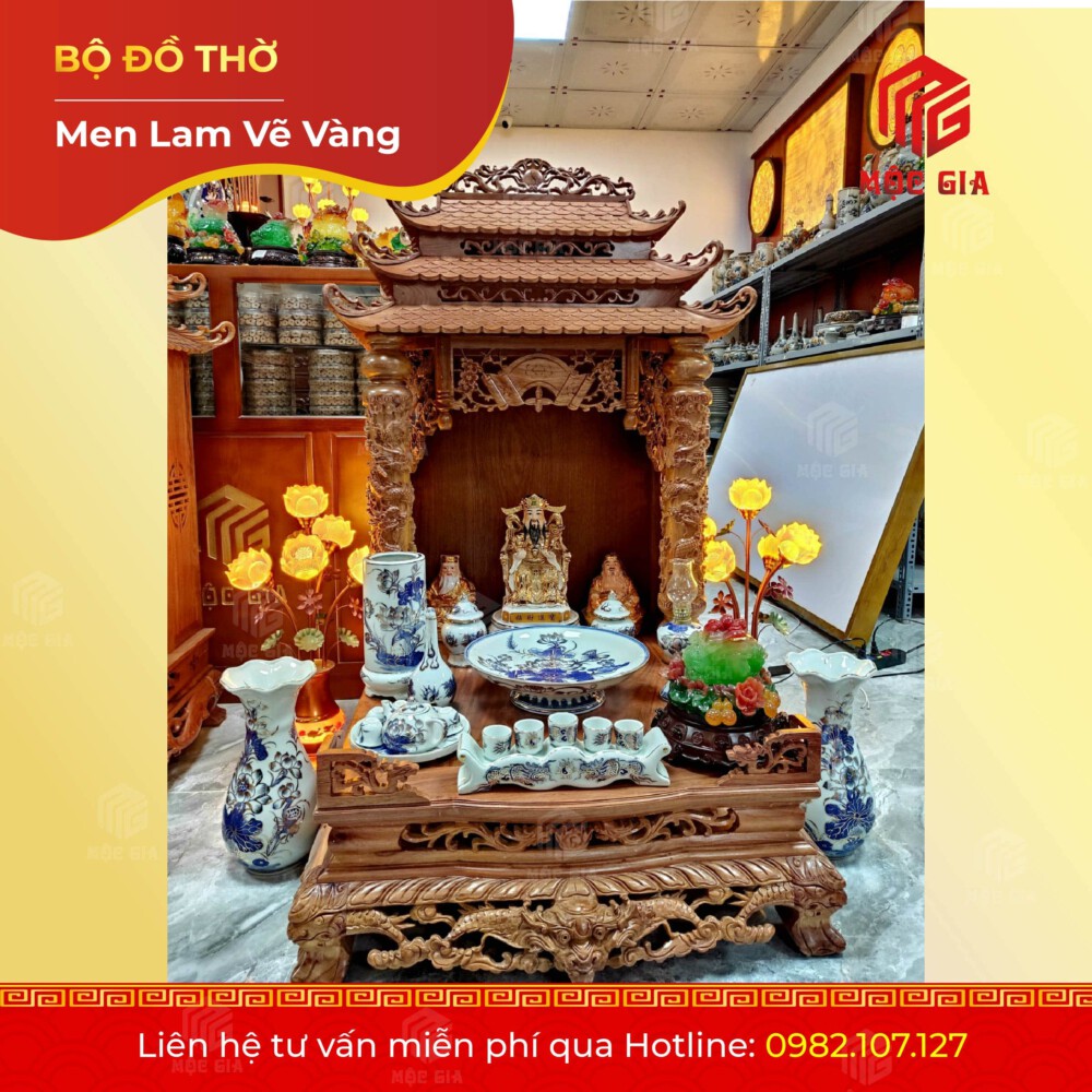 Bộ Đồ Thờ Men Lam Vẽ Vàng - MLV 19