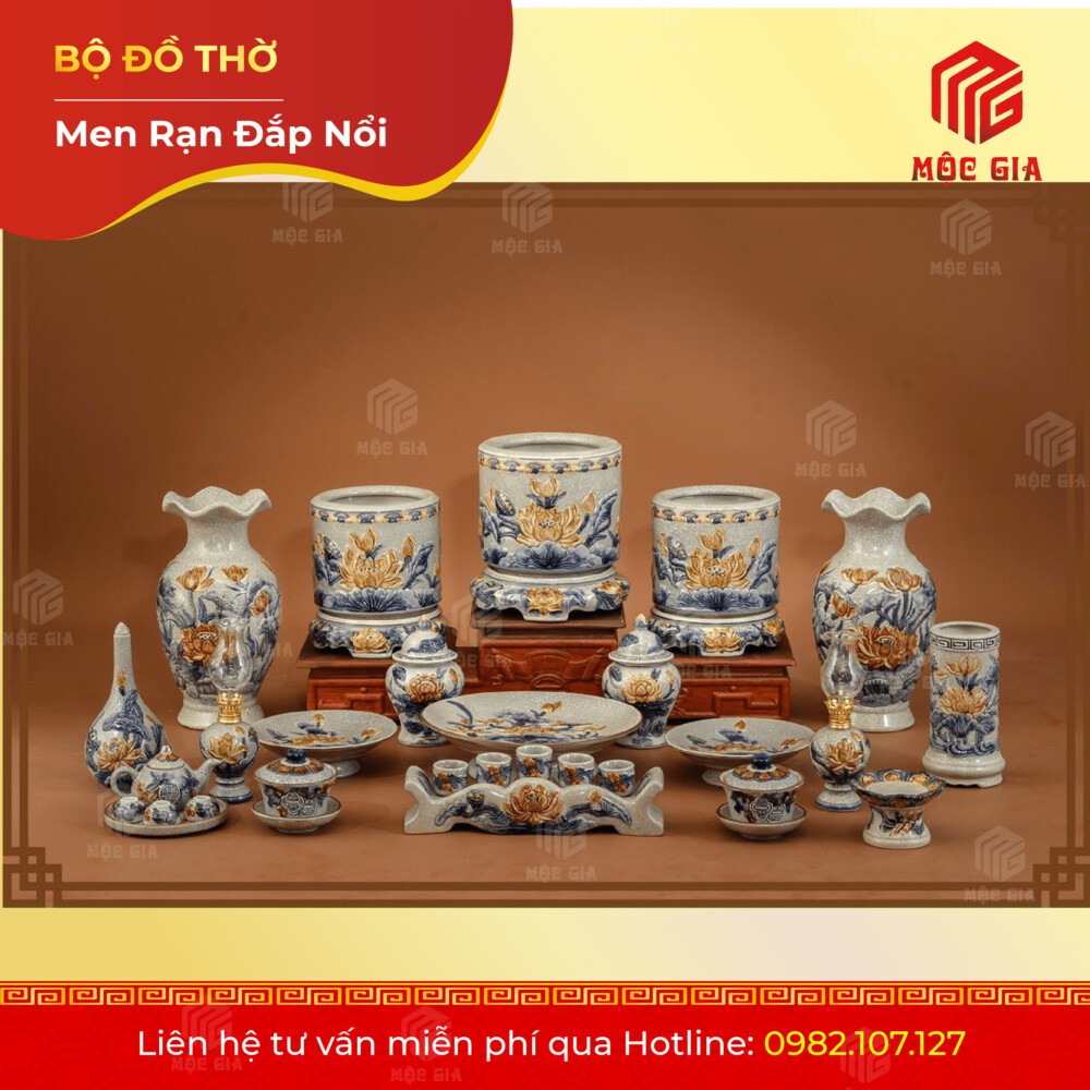Bộ Đồ Thờ Men Rạn Đắp Nổi - DN 8