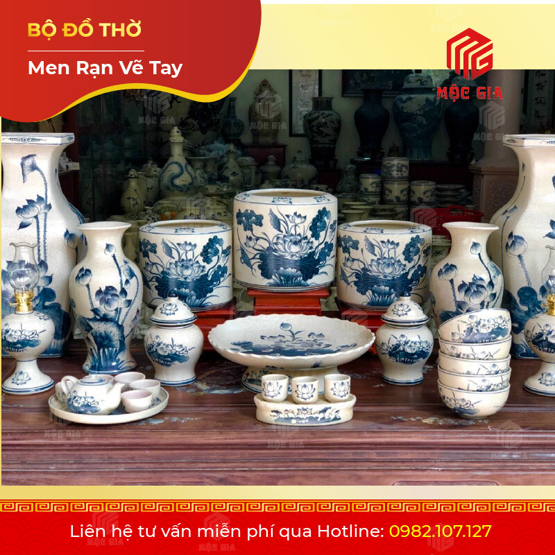 Bộ Đồ Thờ Men Rạn Vẽ Tay - VT 07