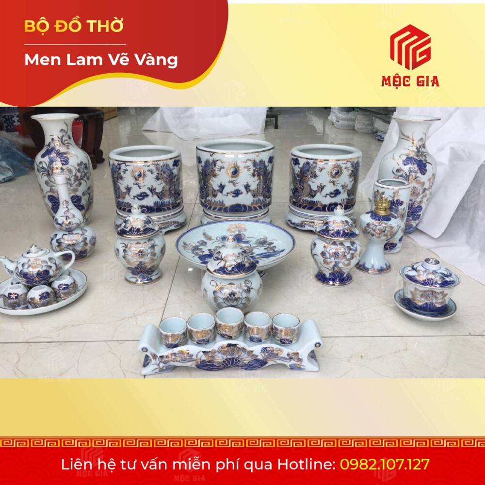 Bộ Đồ Thờ Men Lam Vẽ Vàng - MLV 20