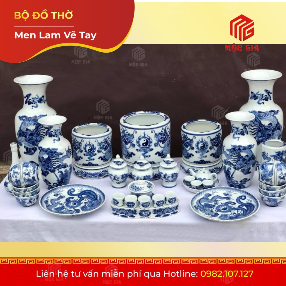 Bộ Đồ Thờ Men Lam Vẽ Tay - ML 12