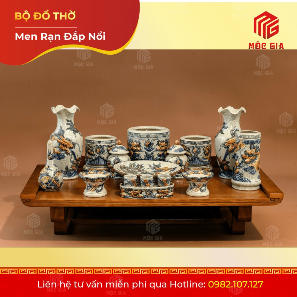 Bộ Đồ Thờ Men Rạn Đắp Nổi - DN 9