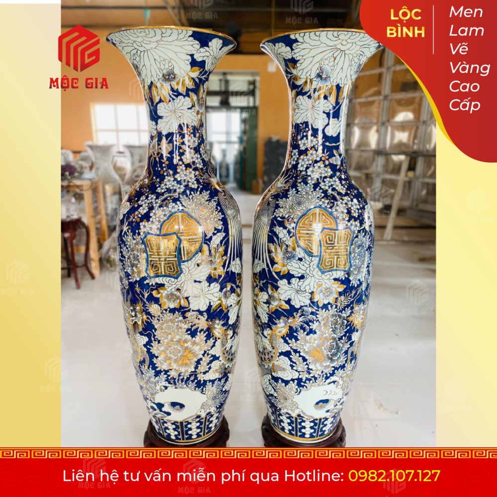 Lộc Bình Men Lam Vẽ Vàng Cao Cấp - MLVV23