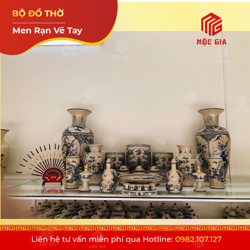 Bộ Đồ Thờ Men Rạn Vẽ Tay - VT 08