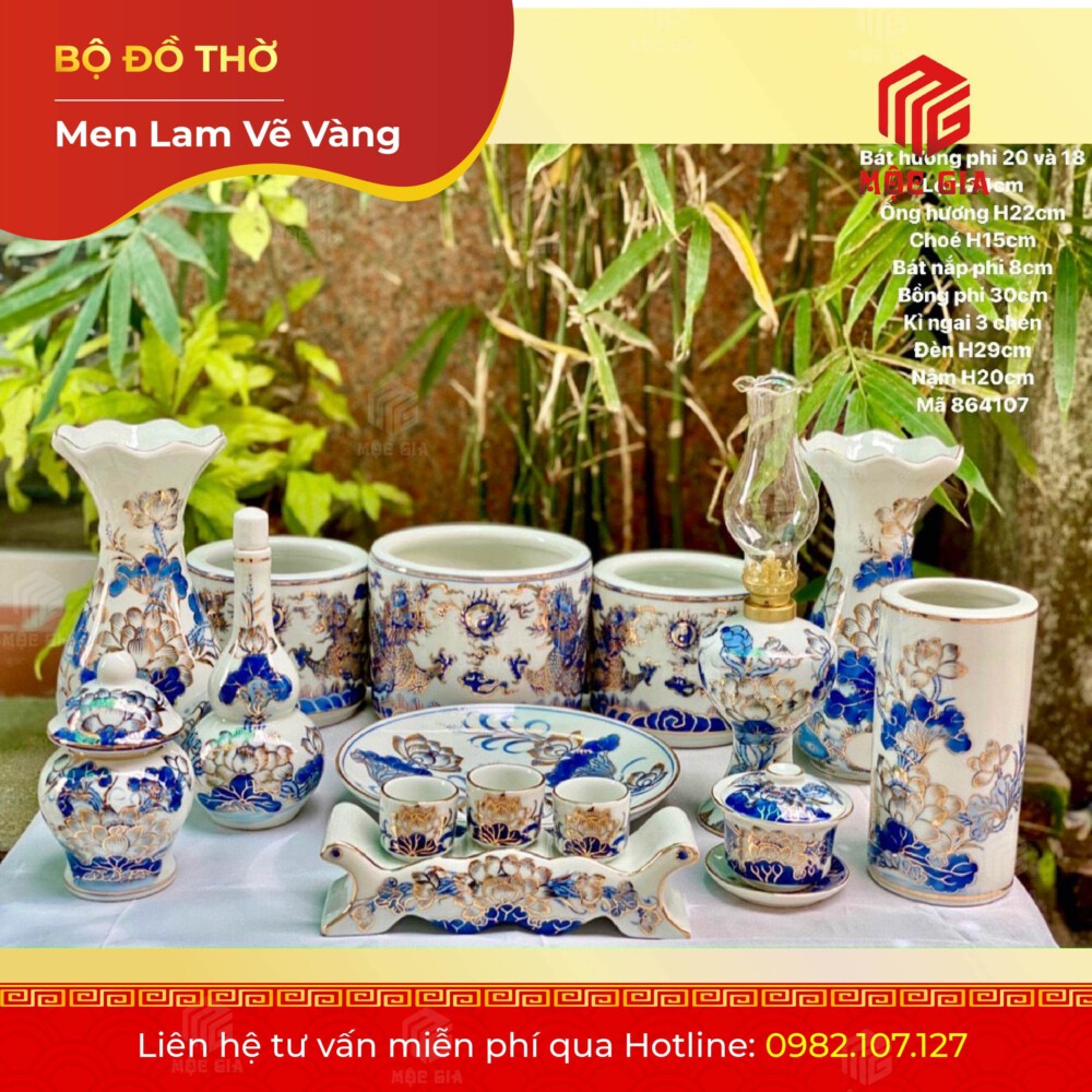 Bộ Đồ Thờ Men Lam Vẽ Vàng - MLV 01