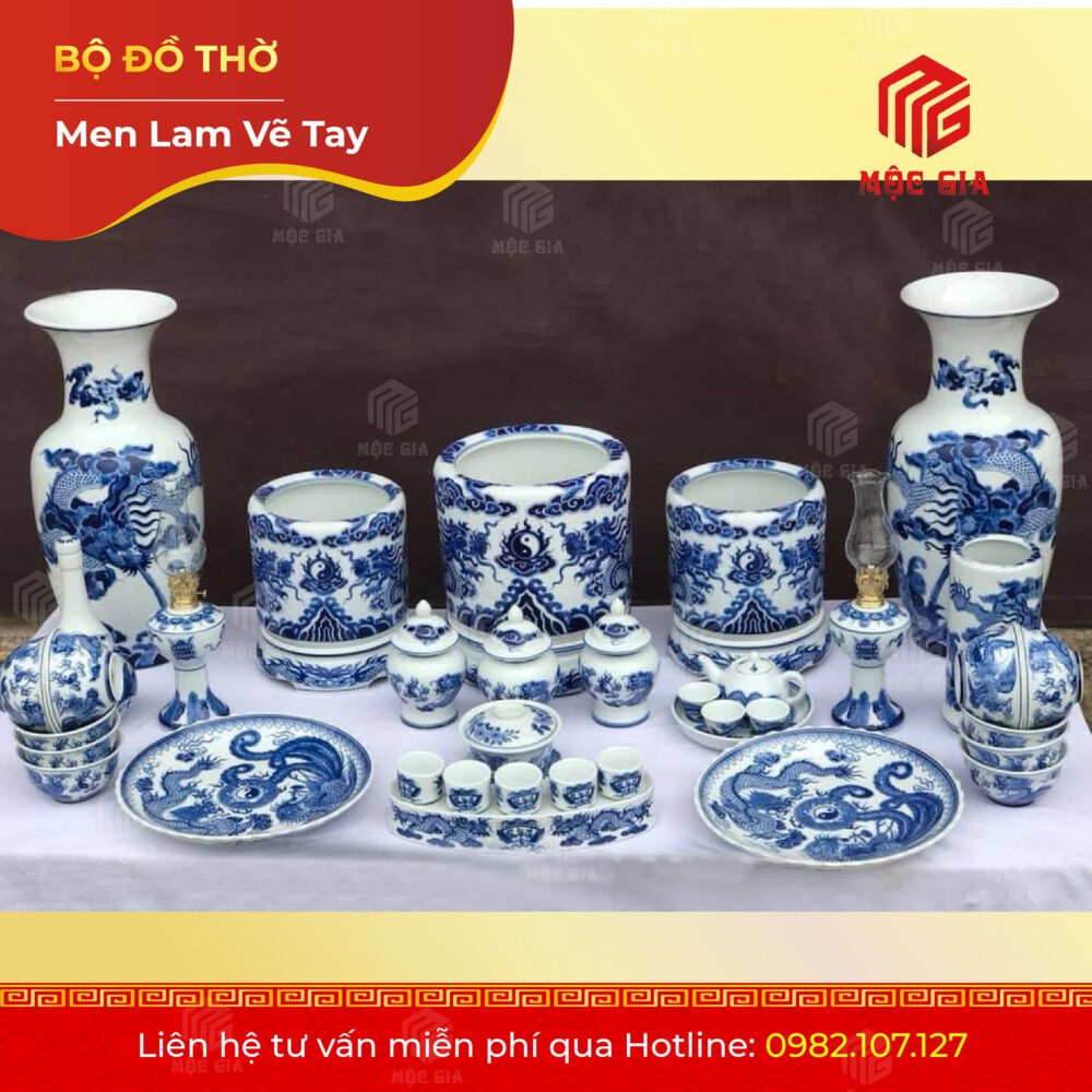 Bộ Đồ Thờ Men Lam Vẽ Tay - ML 13