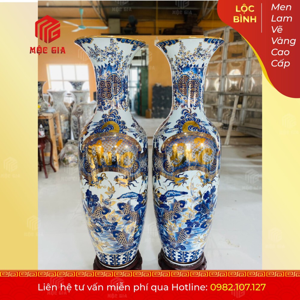 Lộc Bình Men Lam Vẽ Vàng Cao Cấp - MLVV24