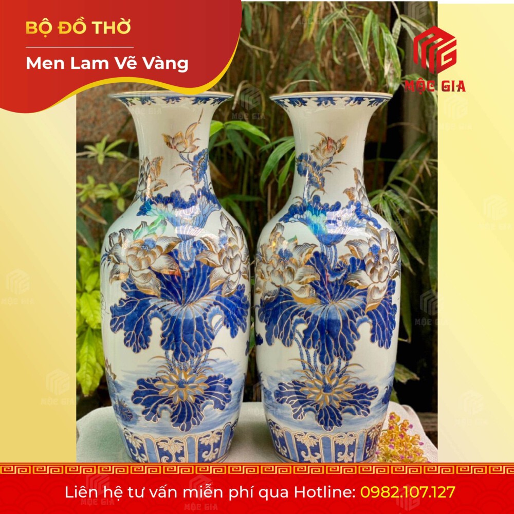 Bộ Đồ Thờ Men Lam Vẽ Vàng - MLV 09