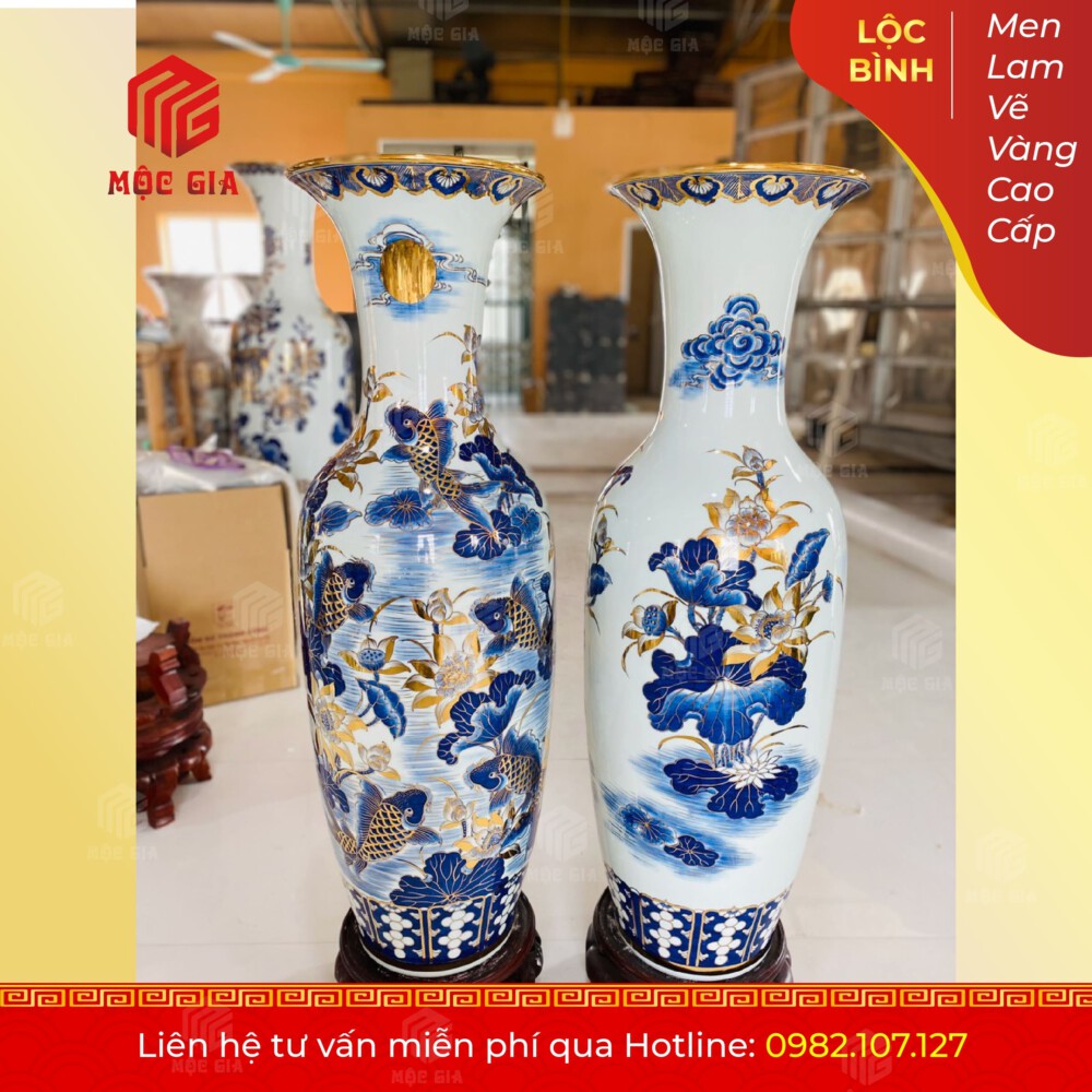 Lộc Bình Men Lam Vẽ Vàng Cao Cấp - MLVV27