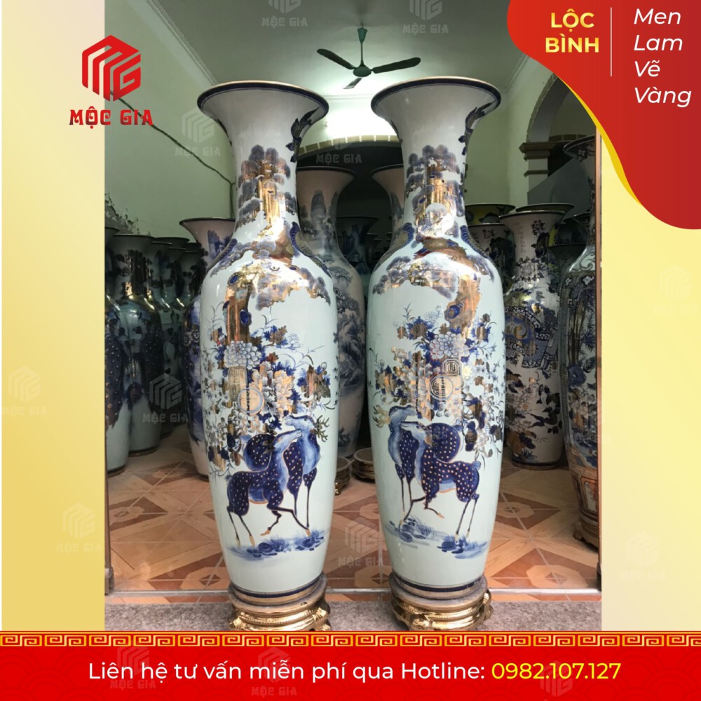 Lộc Bình Men Lam Vẽ Vàng - MLVV40