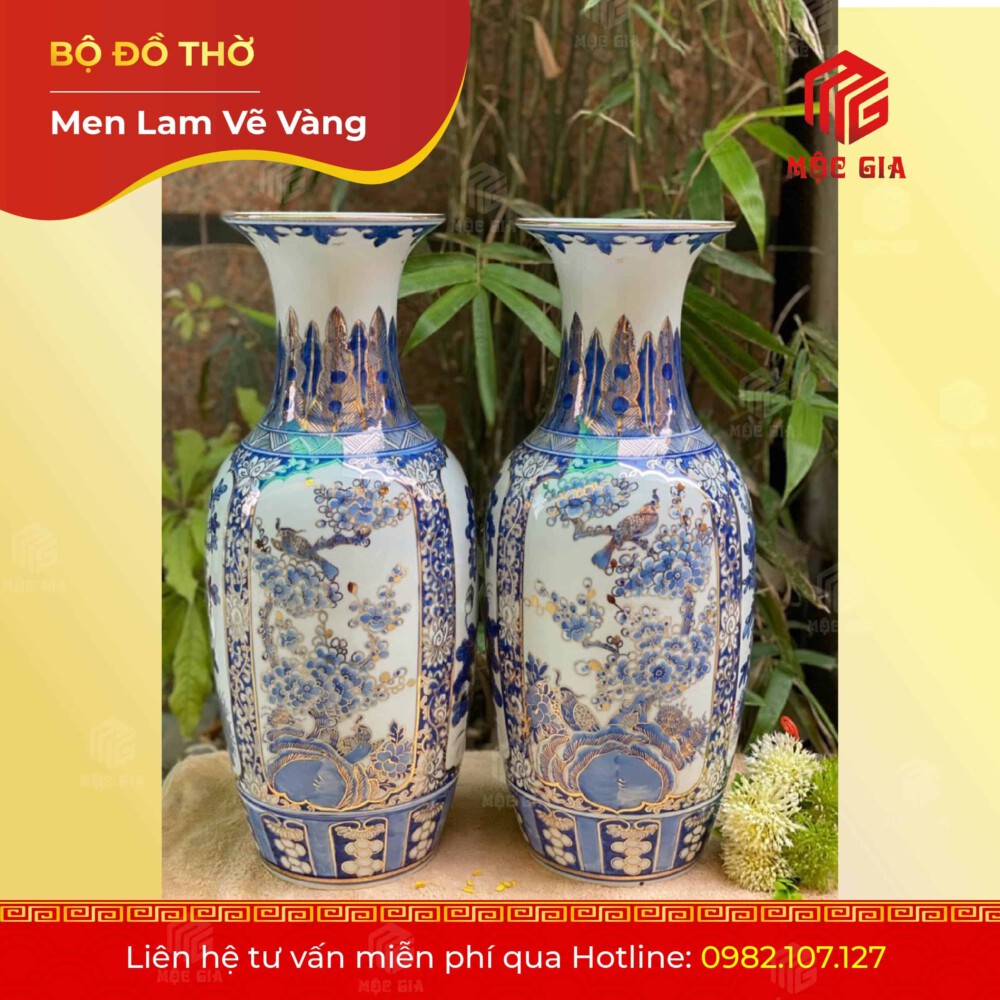Bộ Đồ Thờ Men Lam Vẽ Vàng - MLV 08