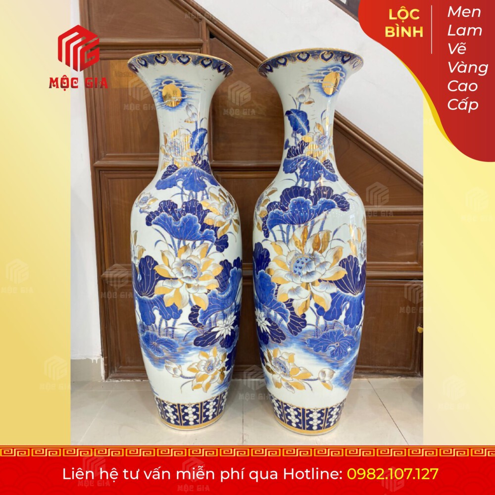Lộc Bình Men Lam Vẽ Vàng Cao Cấp - MLVV09