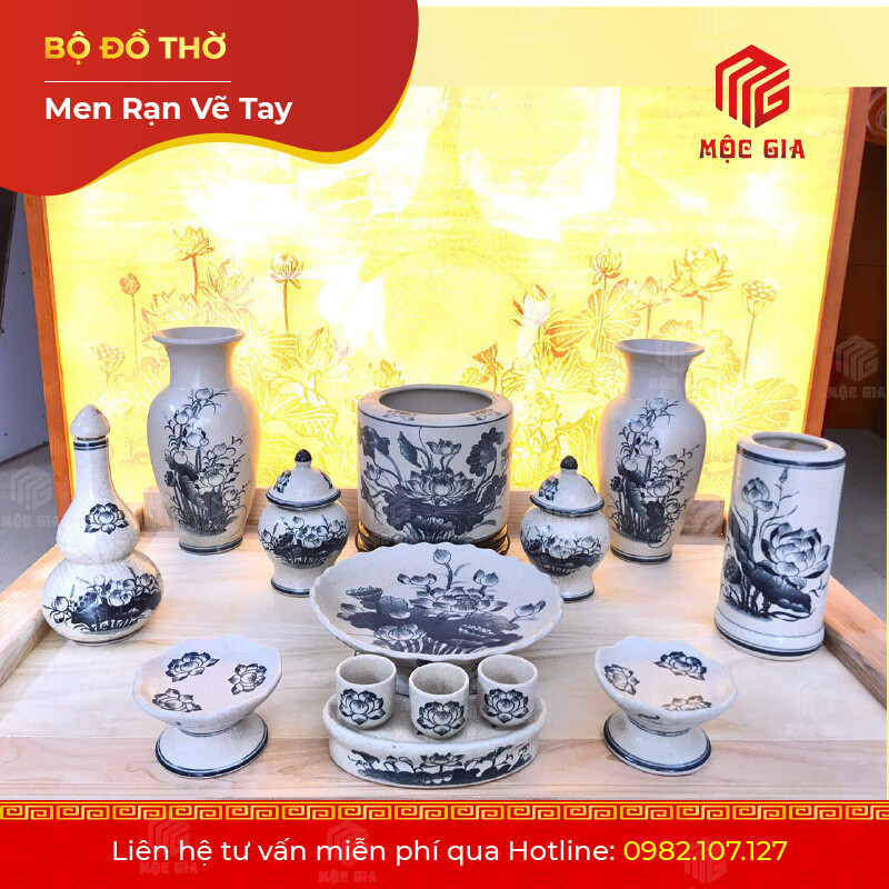 Bộ Đồ Thờ Men Rạn Vẽ Tay - VT 10