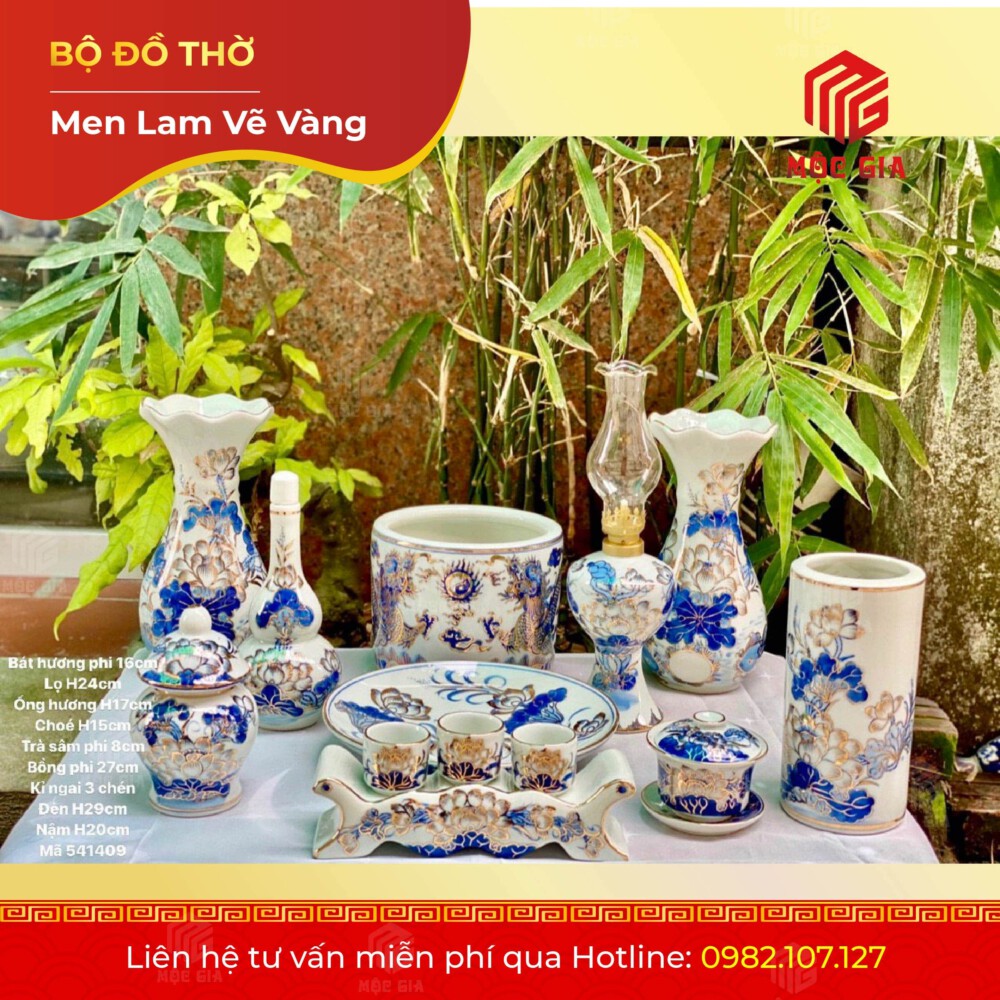 Bộ Đồ Thờ Men Lam Vẽ Vàng - MLV 04