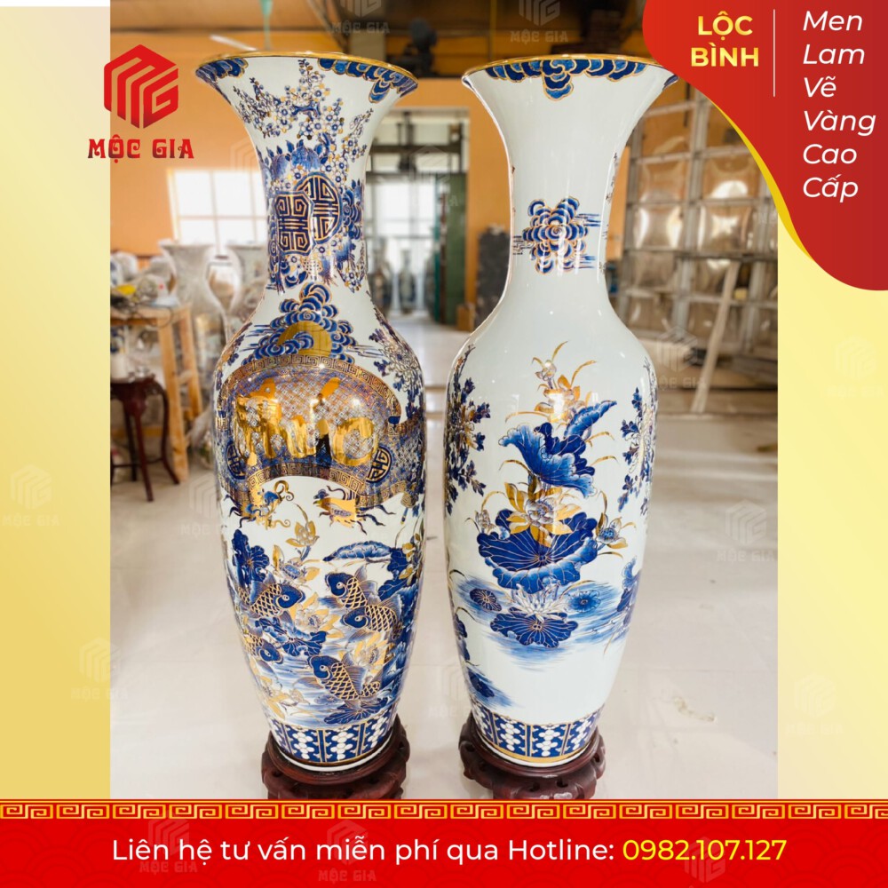 Lộc Bình Men Lam Vẽ Vàng Cao Cấp - MLVV28