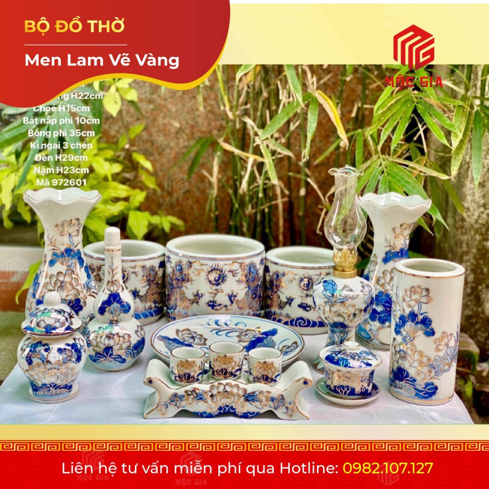 Bộ Đồ Thờ Men Lam Vẽ Vàng - MLV 05