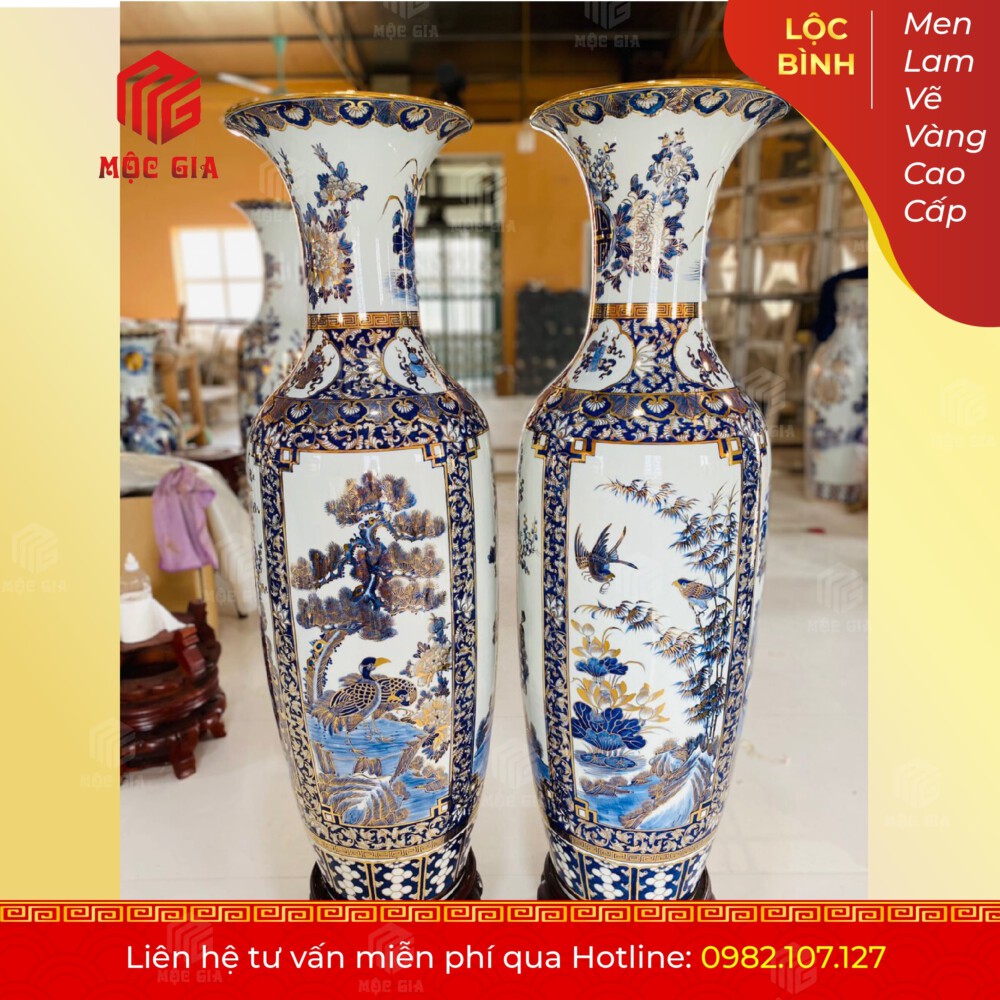 Lộc Bình Men Lam Vẽ Vàng Cao Cấp - MLVV29