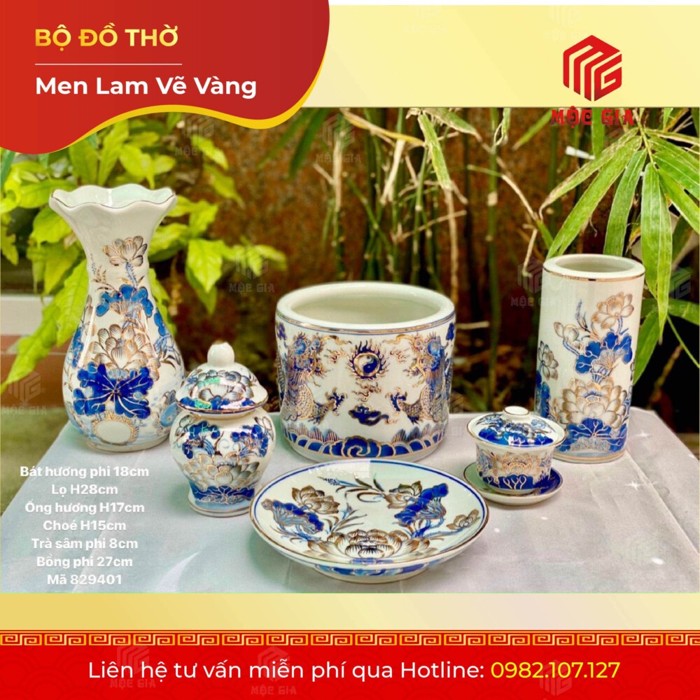 Bộ Đồ Thờ Men Lam Vẽ Vàng - MLV 06