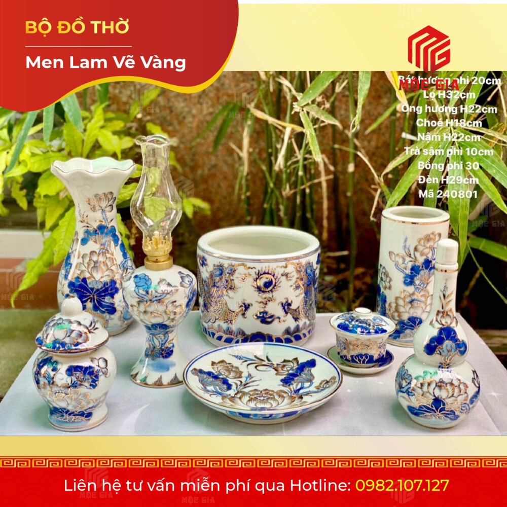 Bộ Đồ Thờ Men Lam Vẽ Vàng - MLV 07