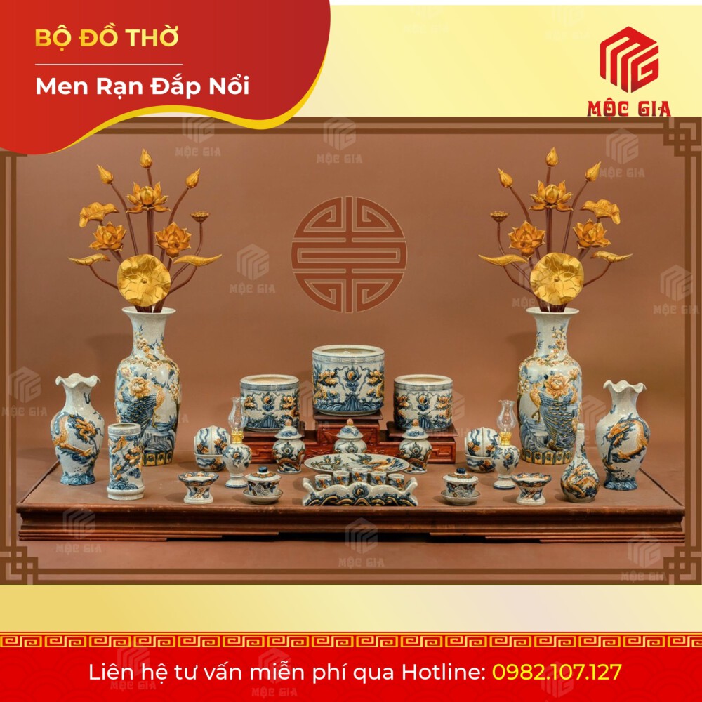 Bộ Đồ Thờ Men Rạn Đắp Nổi - DN 12