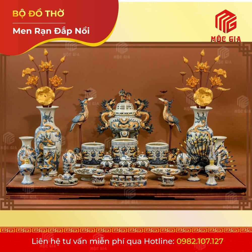 Bộ Đồ Thờ Men Rạn Đắp Nổi - DN 13