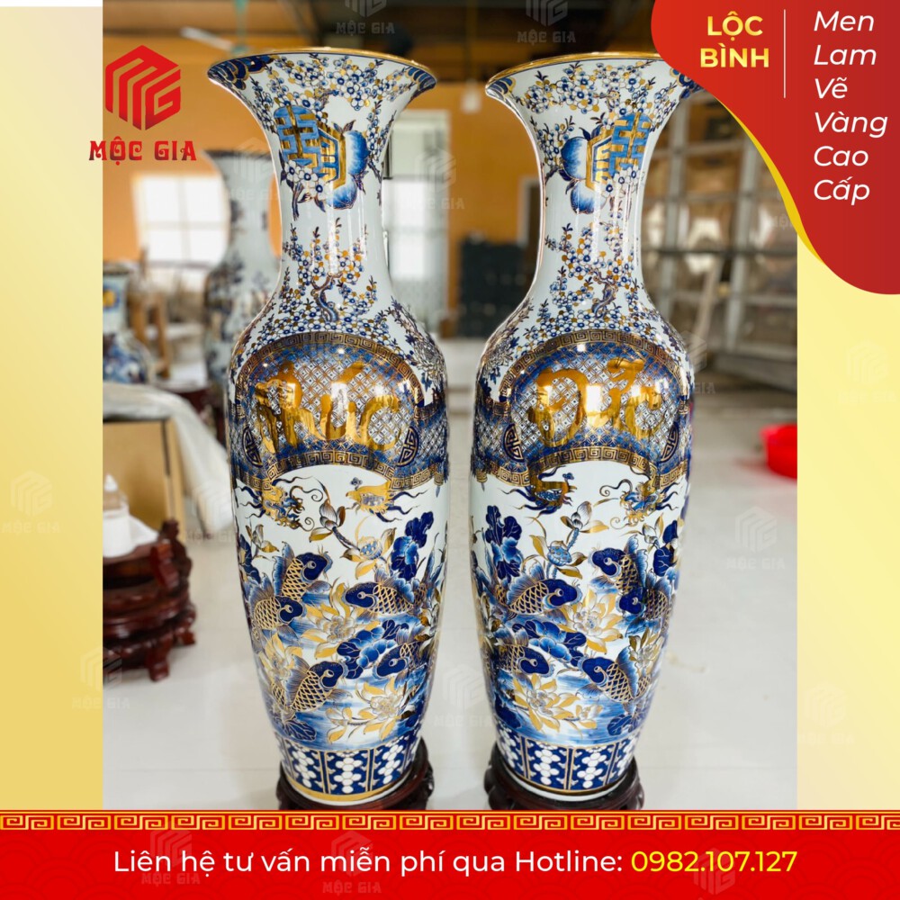 Lộc Bình Men Lam Vẽ Vàng Cao Cấp - MLVV02