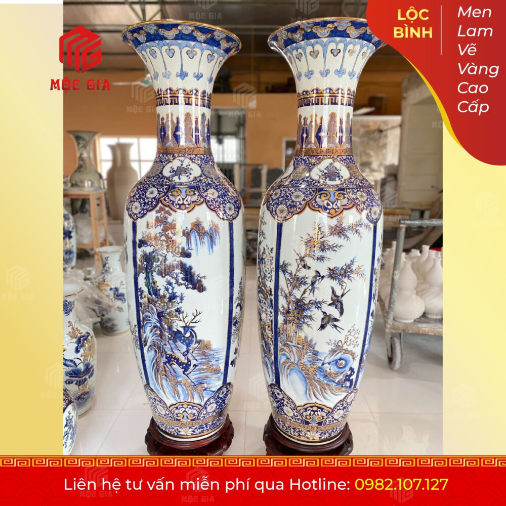 Lộc Bình Men Lam Vẽ Vàng Cao Cấp - MLVV03