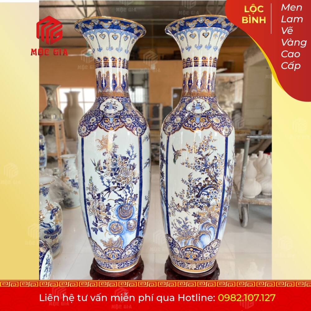 Lộc Bình Men Lam Vẽ Vàng Cao Cấp - MLVV06