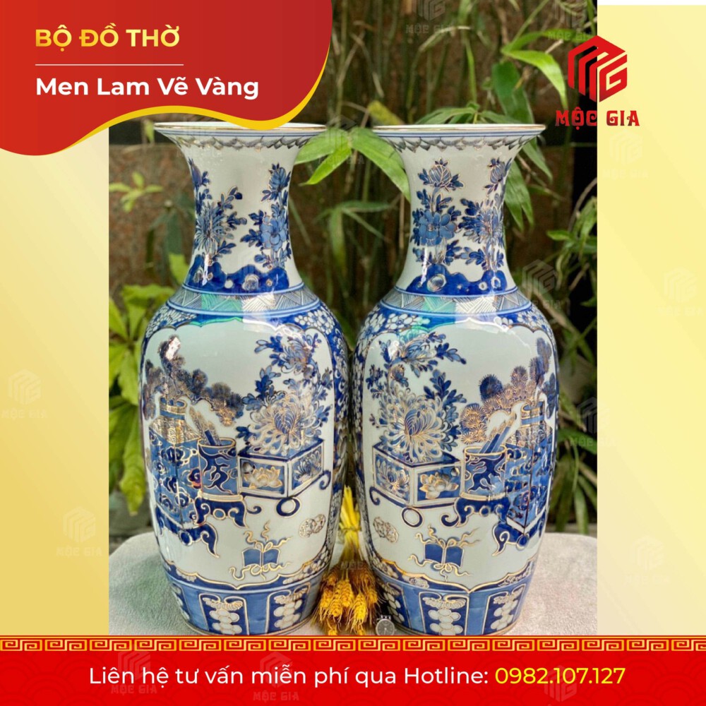 Bộ Đồ Thờ Men Lam Vẽ Vàng - MLV 10