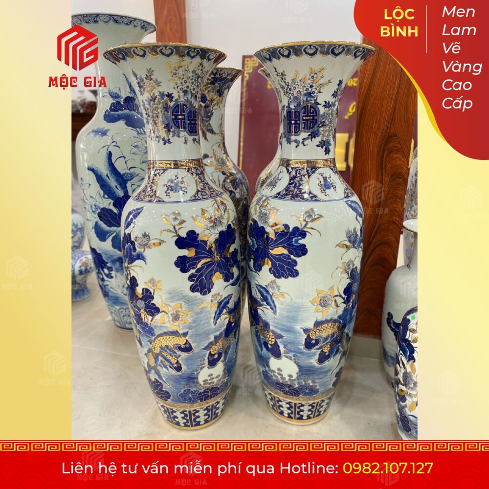 Lộc Bình Men Lam Vẽ Vàng Cao Cấp - MLVV10