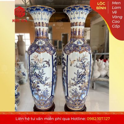 Lộc Bình Men Lam Vẽ Vàng Cao Cấp - MLVV07