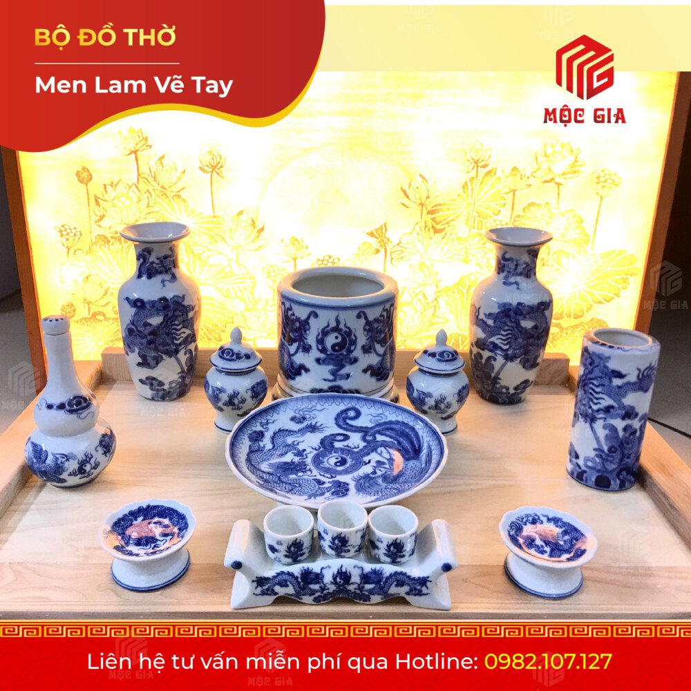 Bộ Đồ Thờ Men Lam Vẽ Tay - ML 03