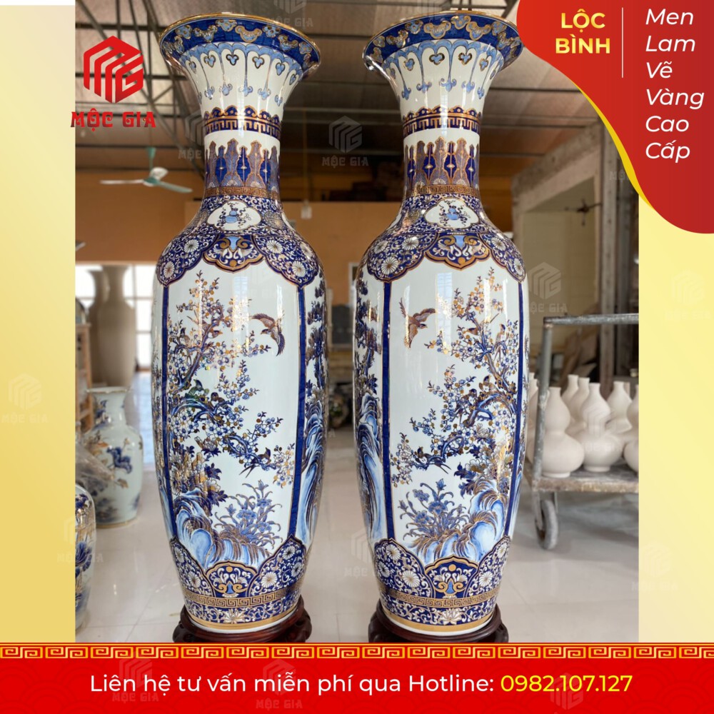 Lộc Bình Men Lam Vẽ Vàng Cao Cấp - MLVV08