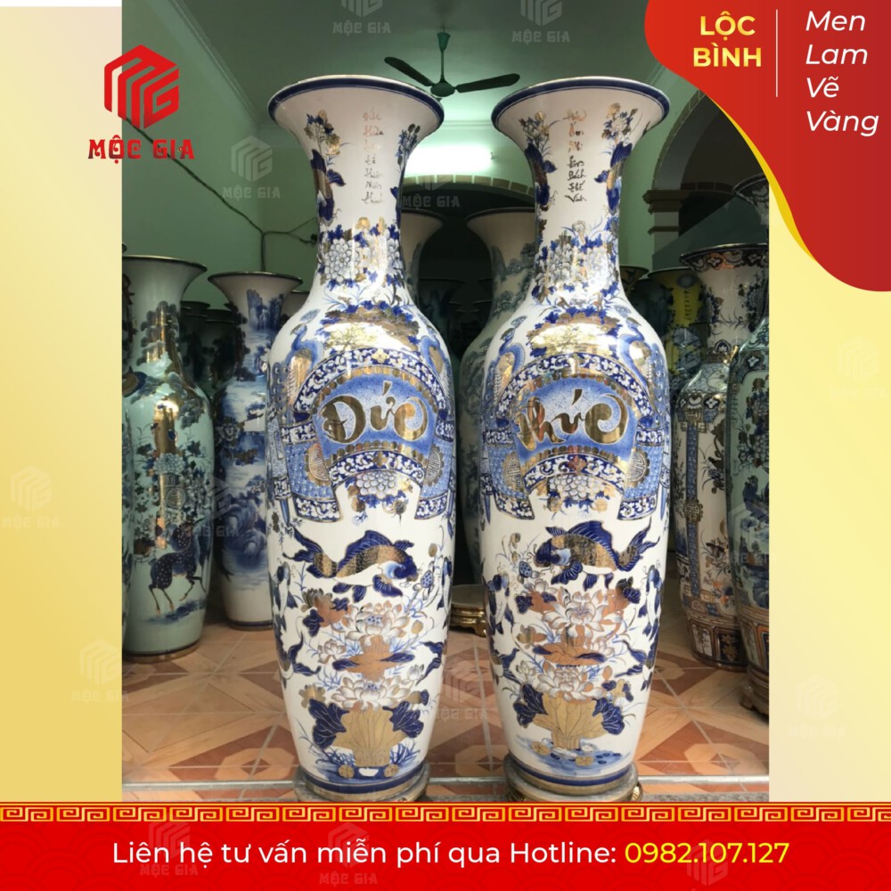 Lộc Bình Men Lam Vẽ Vàng - MLVV39