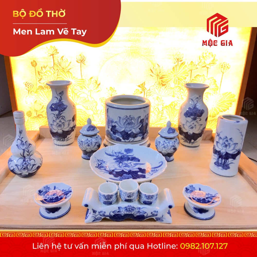 Bộ Đồ Thờ Men Lam Vẽ Tay - ML 04